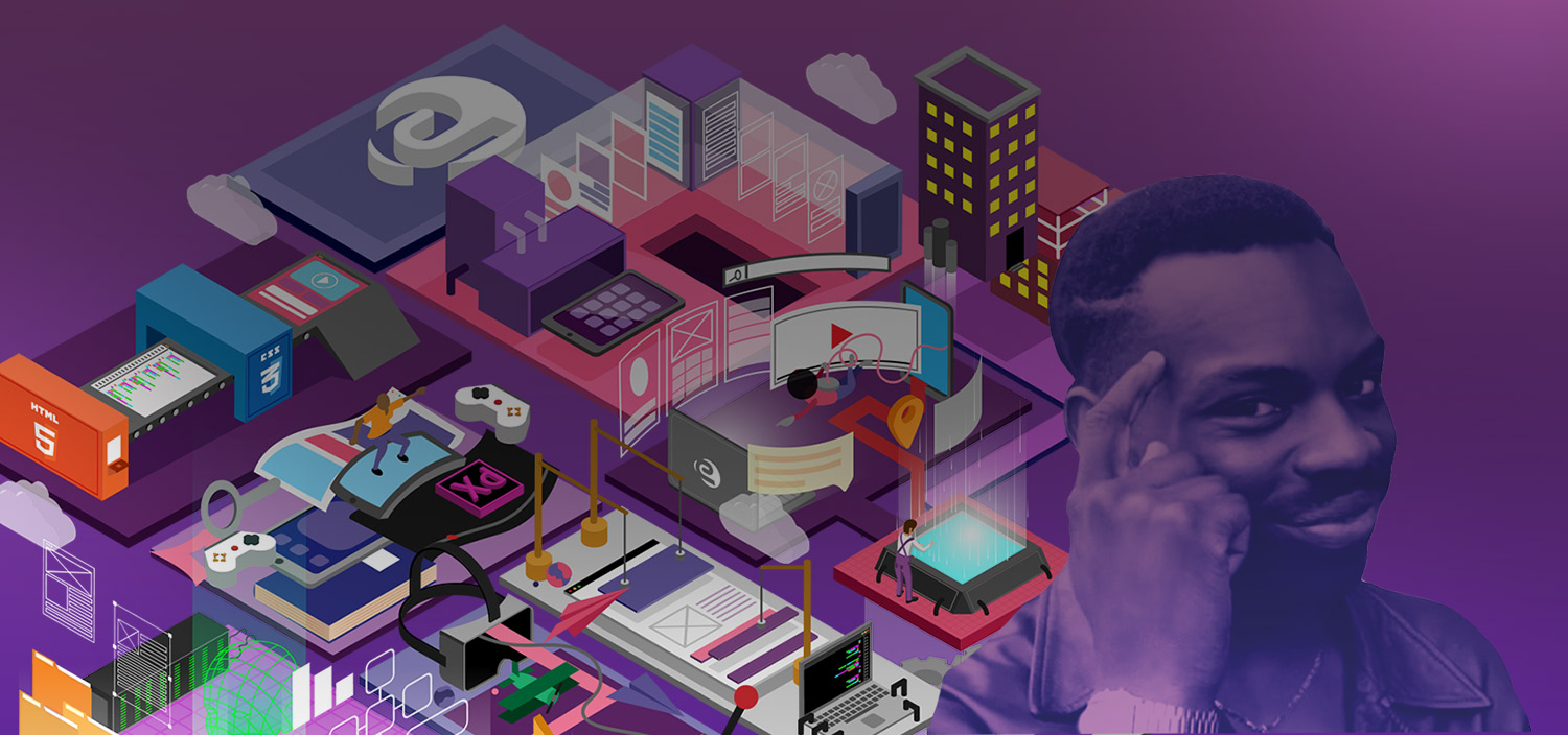 Isometric illustration of the elips workspace — screens, devices and design tools — with a team member thinking alongside it