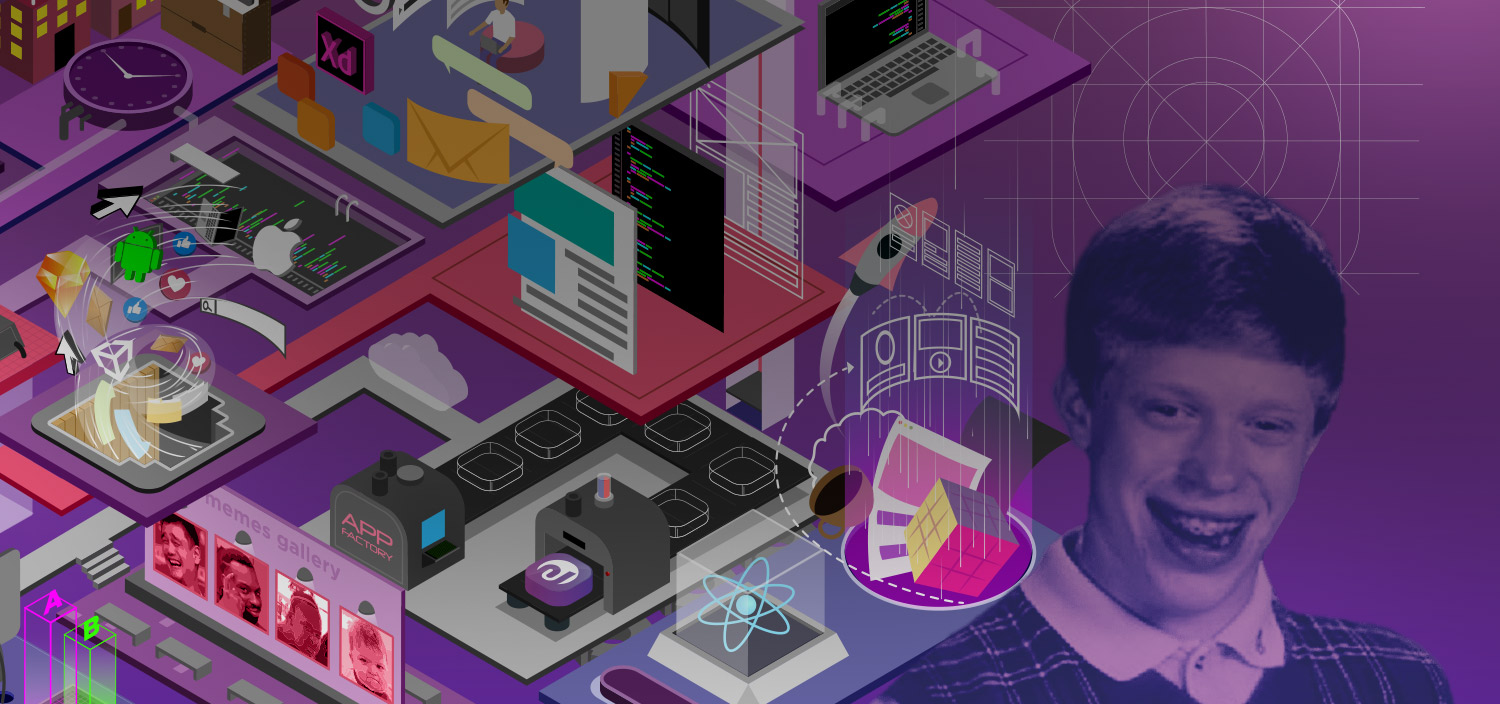 Isometric illustration of the elips workspace — screens, devices and design tools